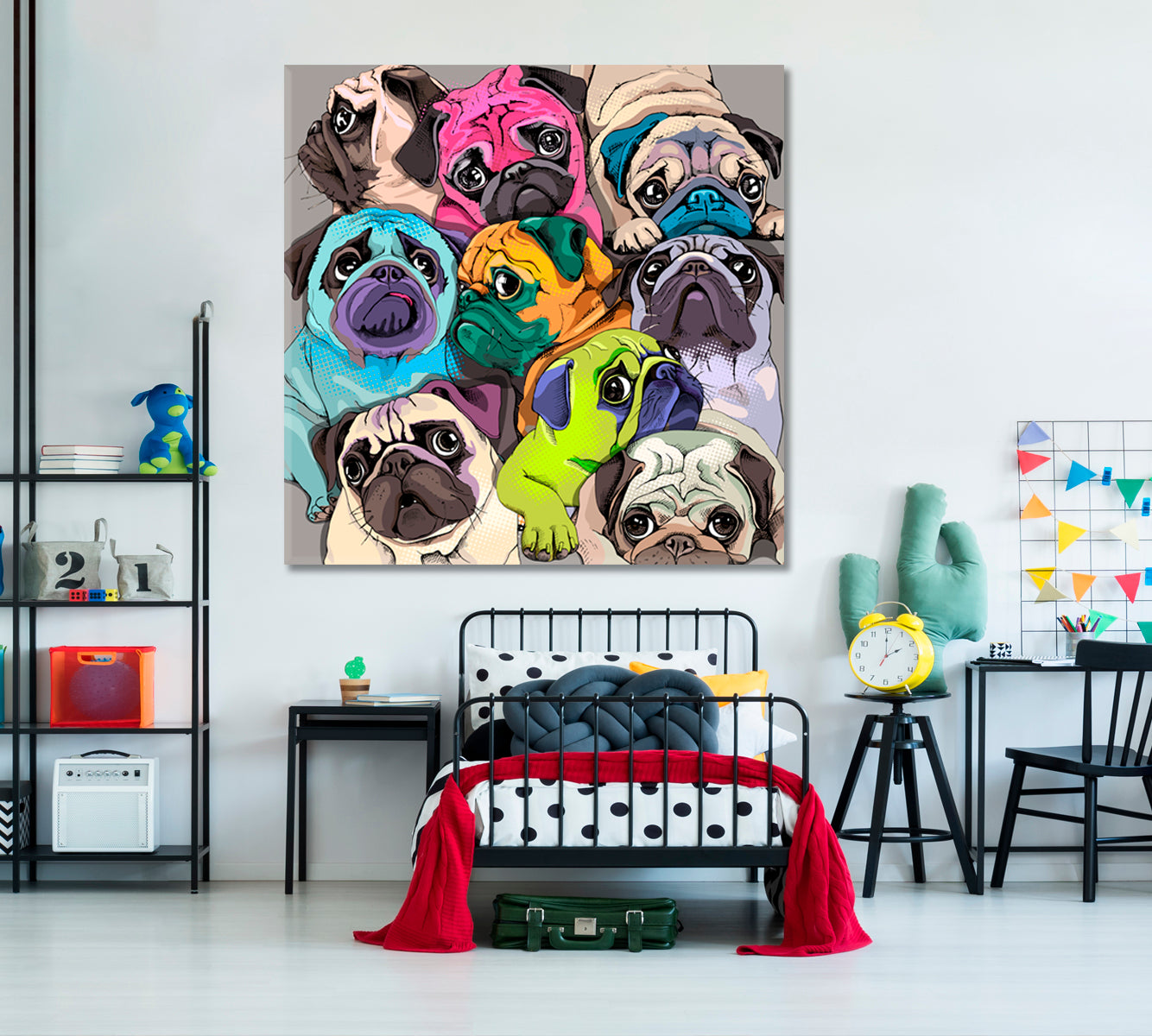 Funny Pugs Dogs Bright Colors Pop Art Whimsical Animal Canvas Print - Square Panel Animals Canvas Print Artesty   