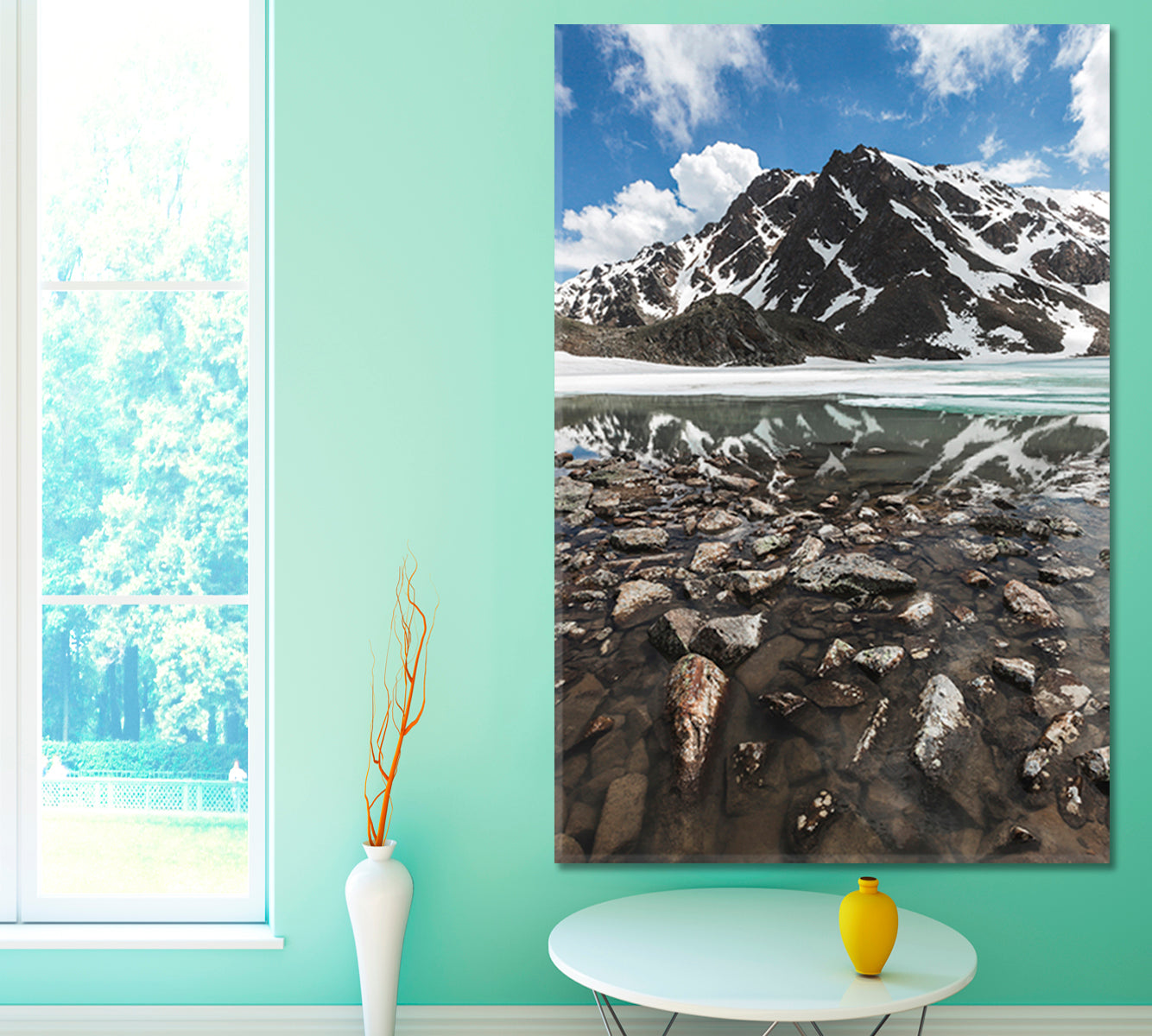 Panoramic Winter Mountain Landscape Snow Peaks Frozen Lake Water Reflection  - Vertical Scenery Landscape Fine Art Print Artesty   