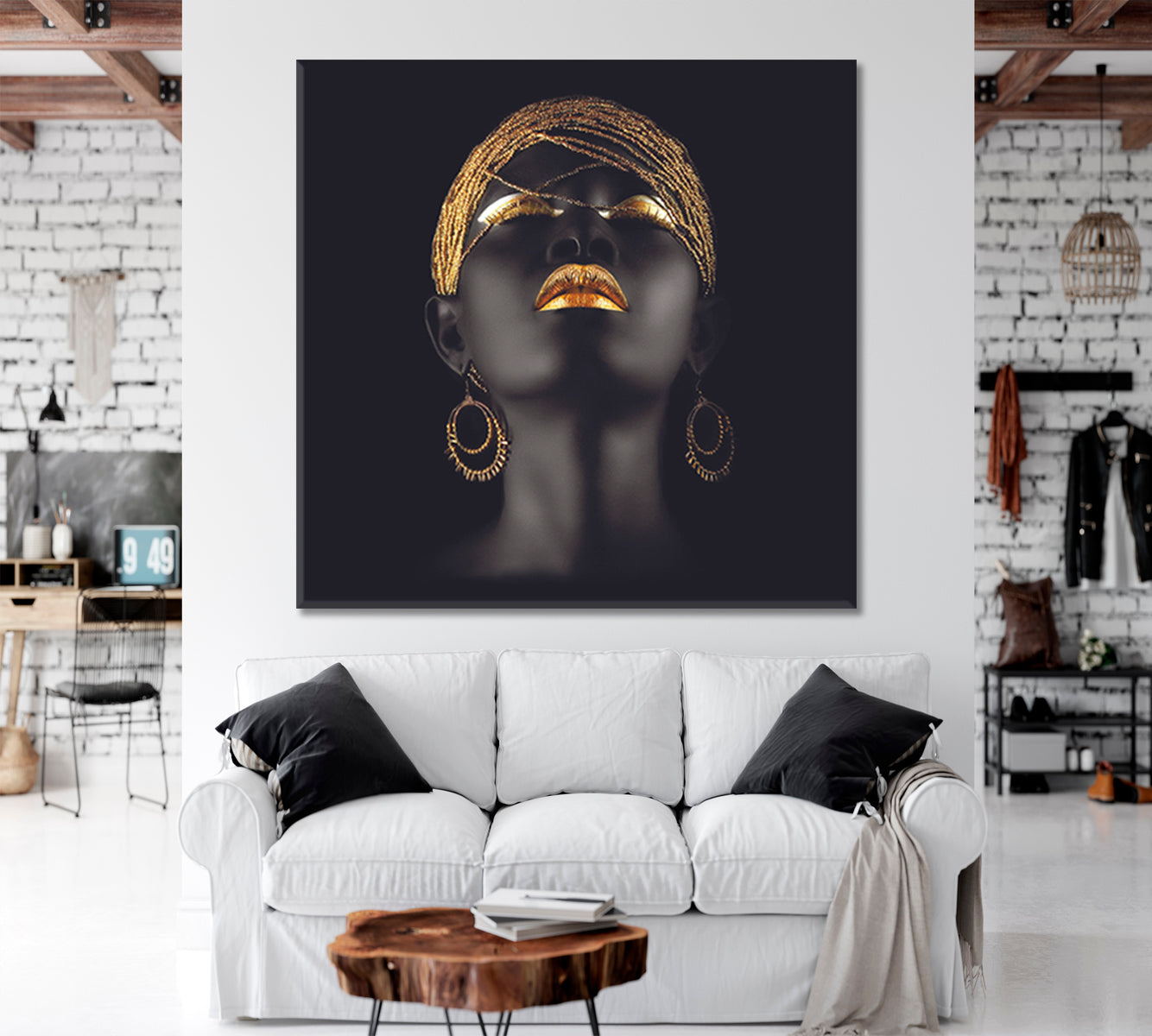 BEAUTIFUL Black and Gold African Woman Fantastic Make Up Face | Square Fashion Canvas Print Artesty   