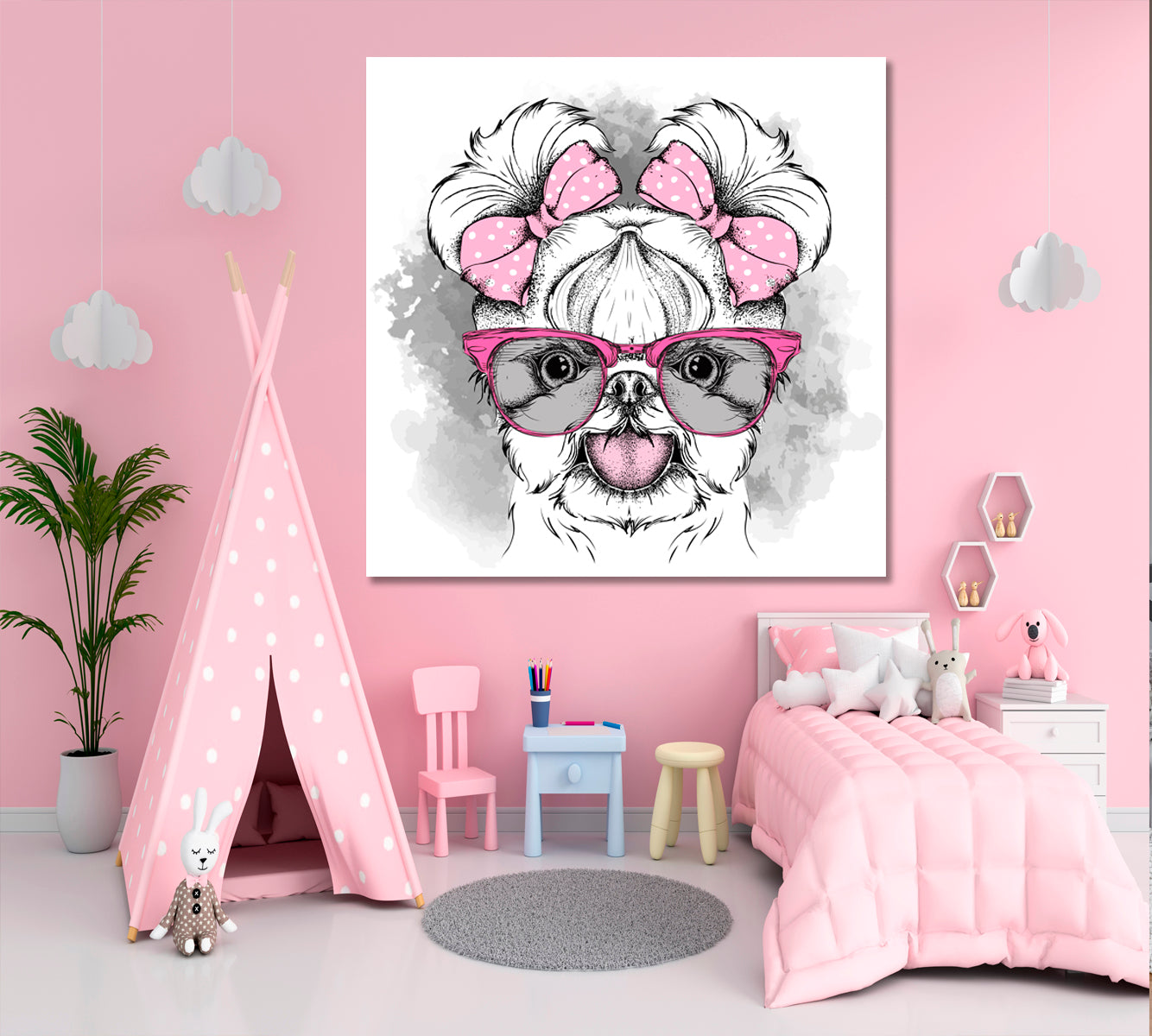 Cute Yorkshire Terrier Puppy Girl Pet Fashion Funny Whimsical Animal - S Kids Room Canvas Art Print Artesty   