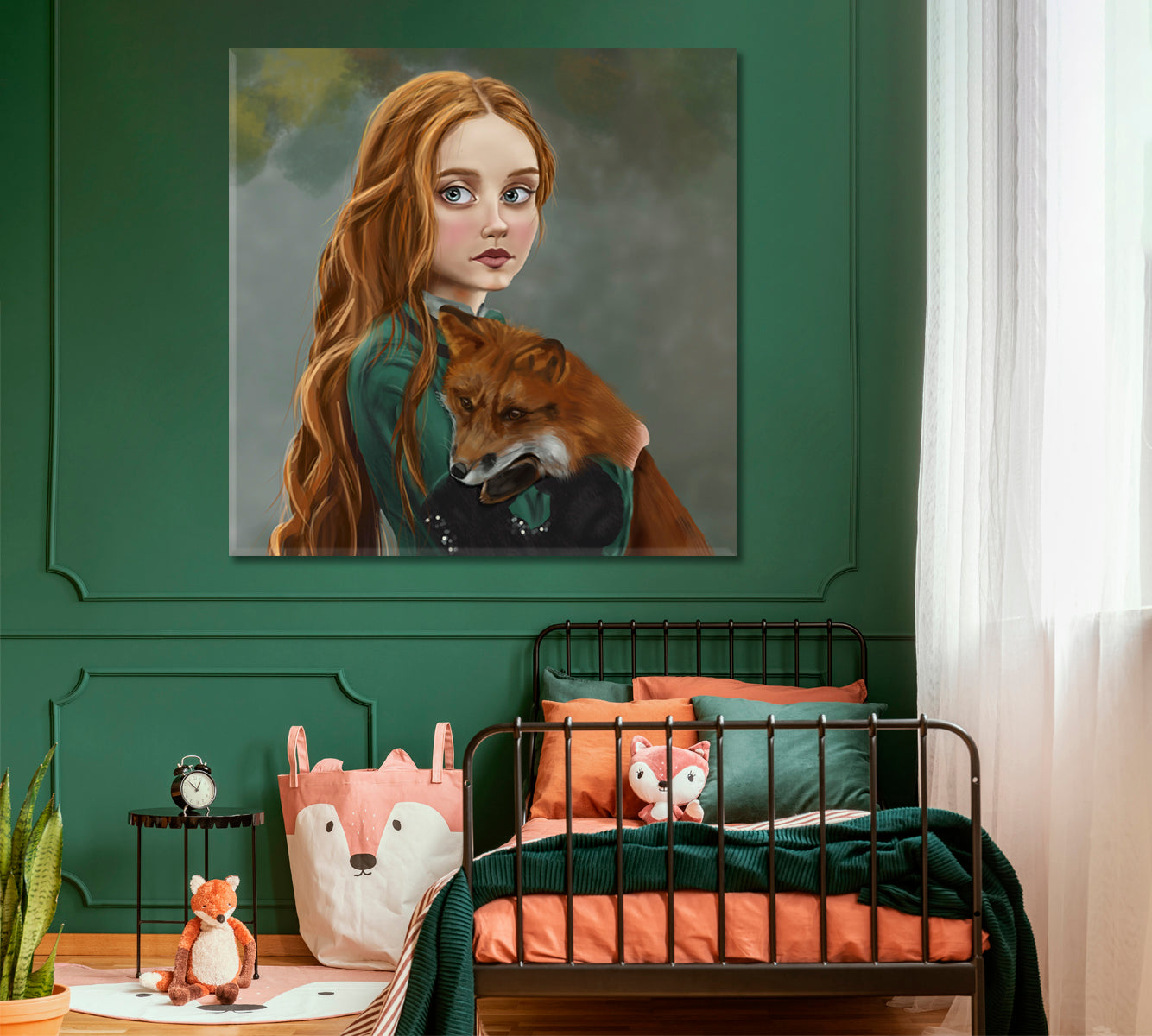 RED FOX GINGER STORY Girl Red Hair Lady Green Dress Surreal Fairy Tale Kids Room Canvas Art Print Artesty   