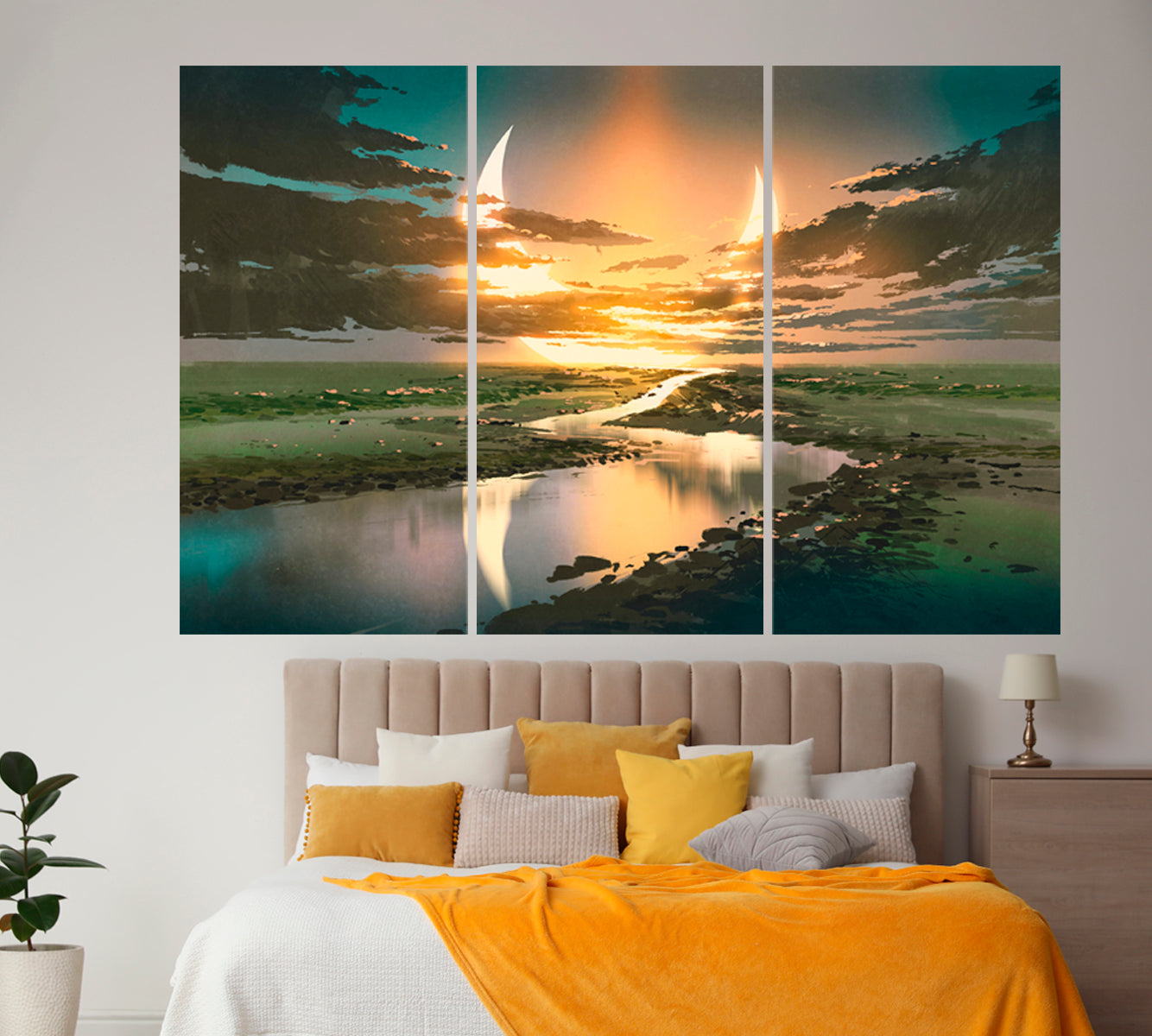 Beautiful Fantasy Landscape Water Road Dark Clouds Crescent Moon Sky Scenery Landscape Fine Art Print Artesty   