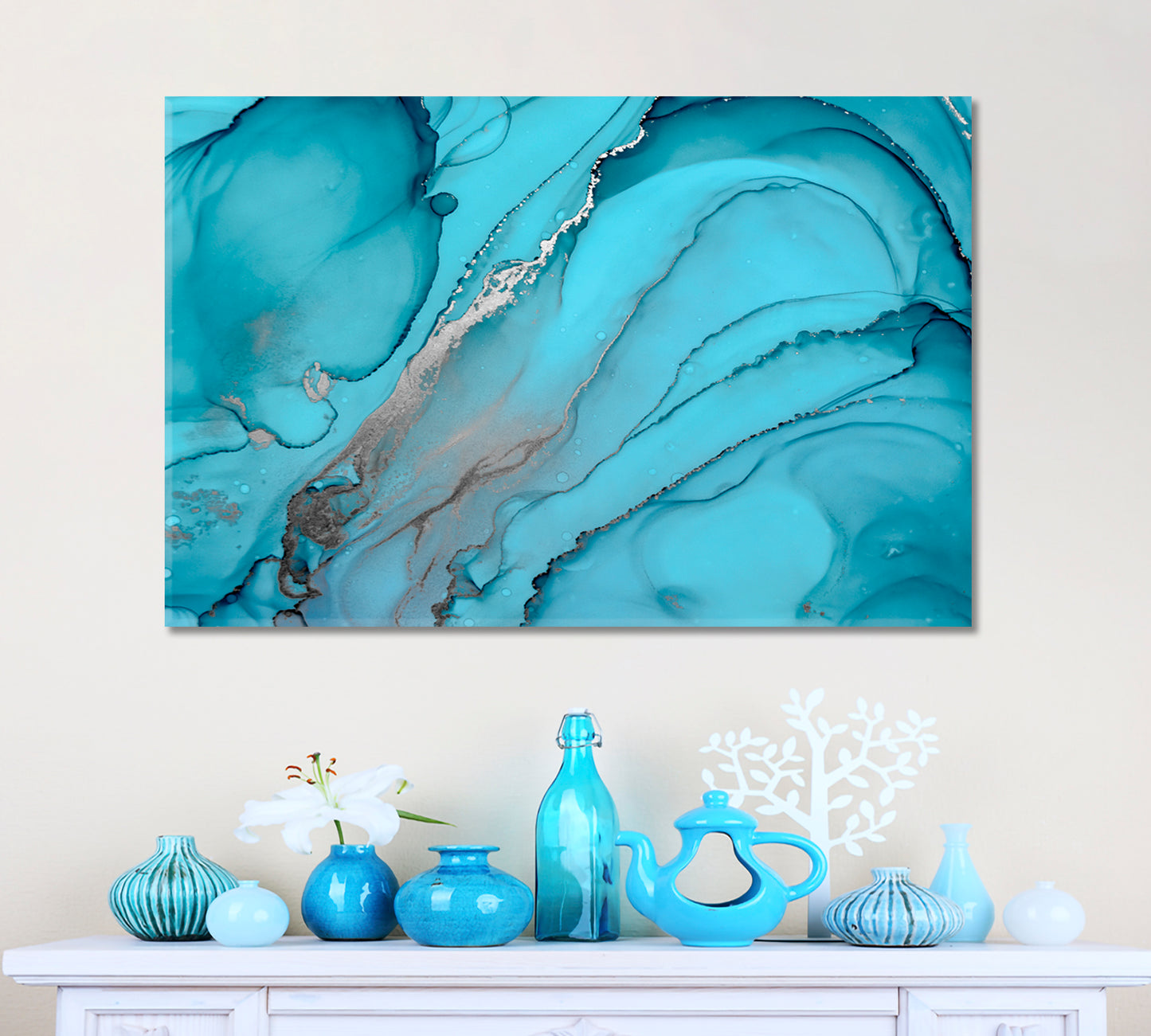 Abstract Watercolor Blue Turquoise Ocean Waves Trendy Marble Artwork Fluid Art, Oriental Marbling Canvas Print Artesty   