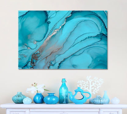 Abstract Watercolor Blue Turquoise Ocean Waves Trendy Marble Artwork Fluid Art, Oriental Marbling Canvas Print Artesty   