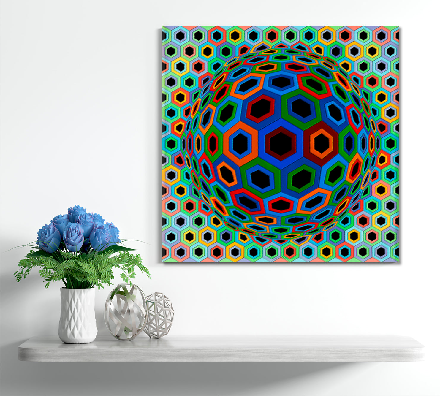 CIRCLE & HEXAGONS Vivid Geometric Figures Trippy Psychedelic Op Art Abstract Art Print Artesty   