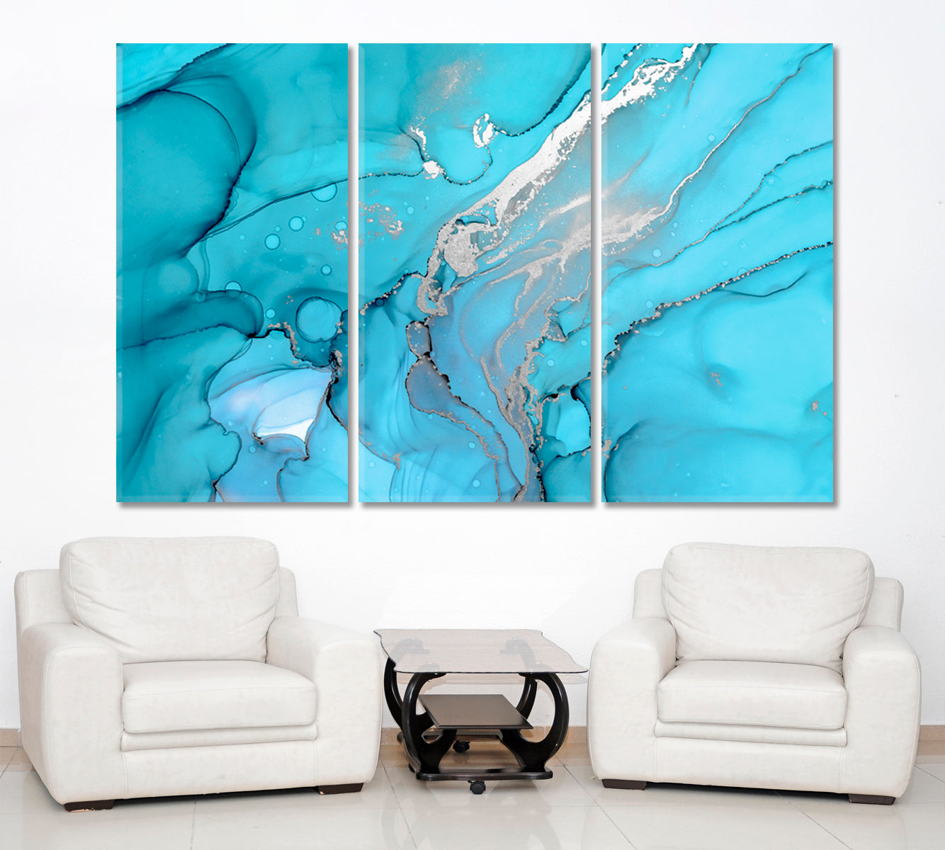 BLUE LAGOON Beautiful Marble Curly Ink Waves Silver Veins Painting Fluid Art, Oriental Marbling Canvas Print Artesty 3 panels 36" x 24" 