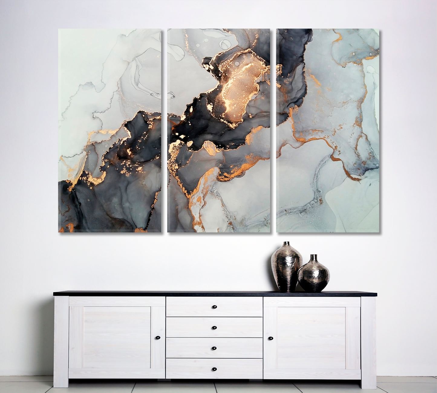 Luxury Abstract Fluid Art Alcohol Ink Technique Black Gold Effect Canvas Print Fluid Art, Oriental Marbling Canvas Print Artesty 3 panels 36" x 24" 