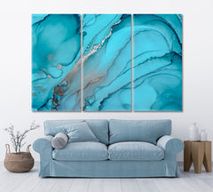 Abstract Watercolor Blue Turquoise Ocean Waves Trendy Marble Artwork Fluid Art, Oriental Marbling Canvas Print Artesty   