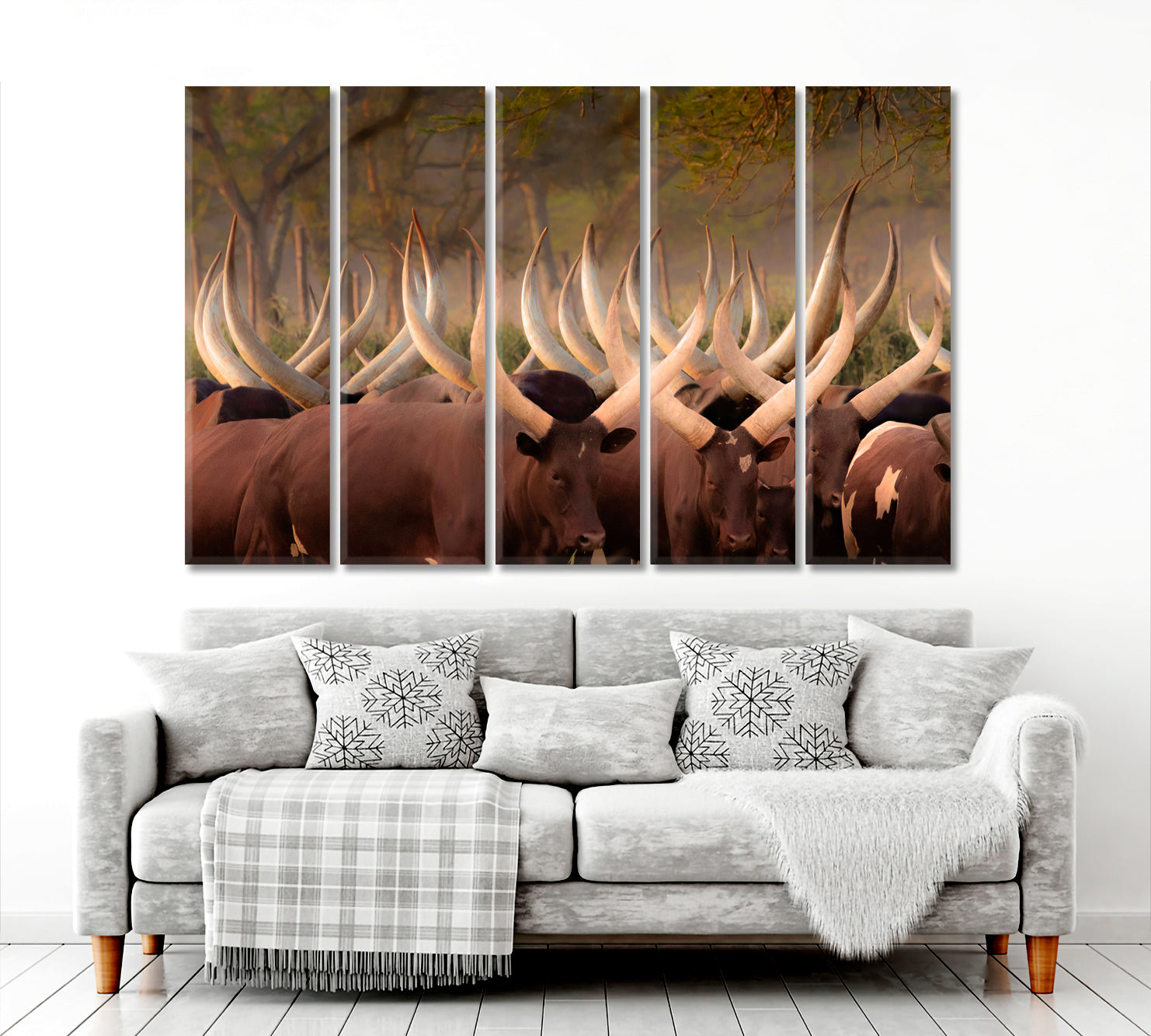 Herd Ankole Cows Huge Horns African Animals Poster Animals Canvas Print Artesty 5 panels 36" x 24" 