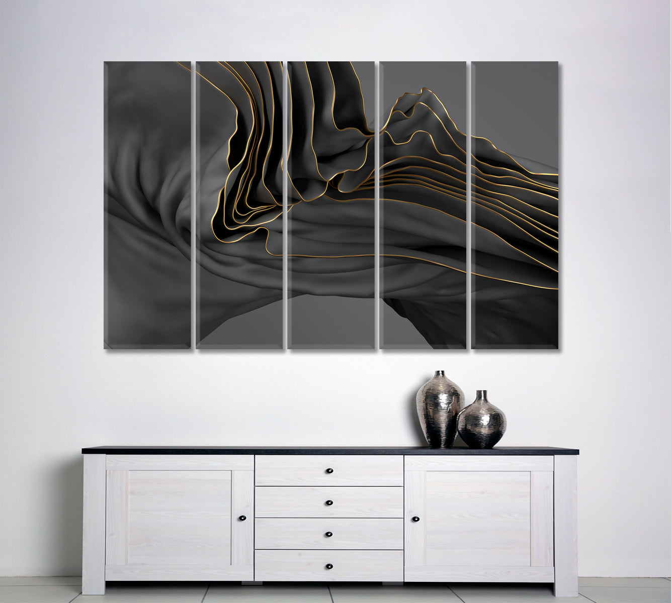 FLOW Beautiful Black Wavy Abstraction Abstract Art Print Artesty 5 panels 36" x 24" 