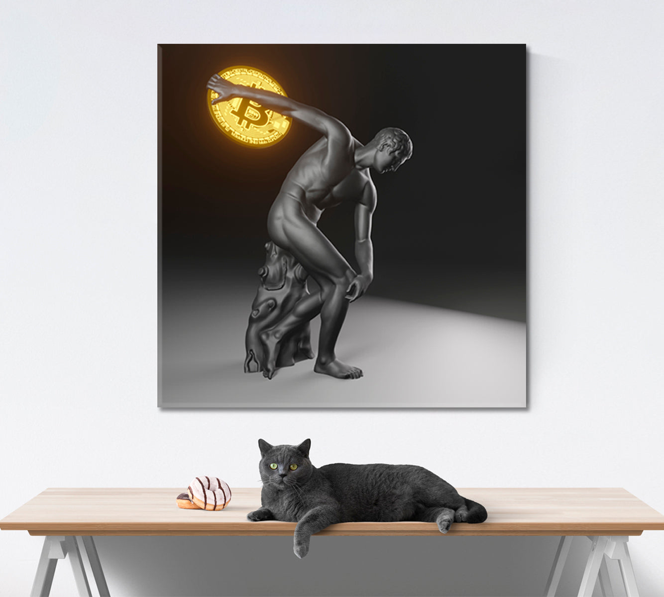 POWER OF BITCOIN Statue of Discobolus Myron Throws Bitcoin Poster Office Wall Art Canvas Print Artesty 1 Panel 12"x12" 