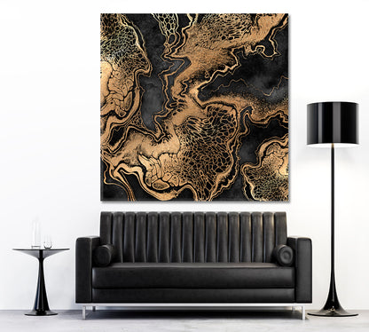 BLACK WITH GOLD EFFECT Marble Swirls Luxury Pattern Trendy Canvas Print - Square Abstract Art Print Artesty 1 Panel 12"x12" 