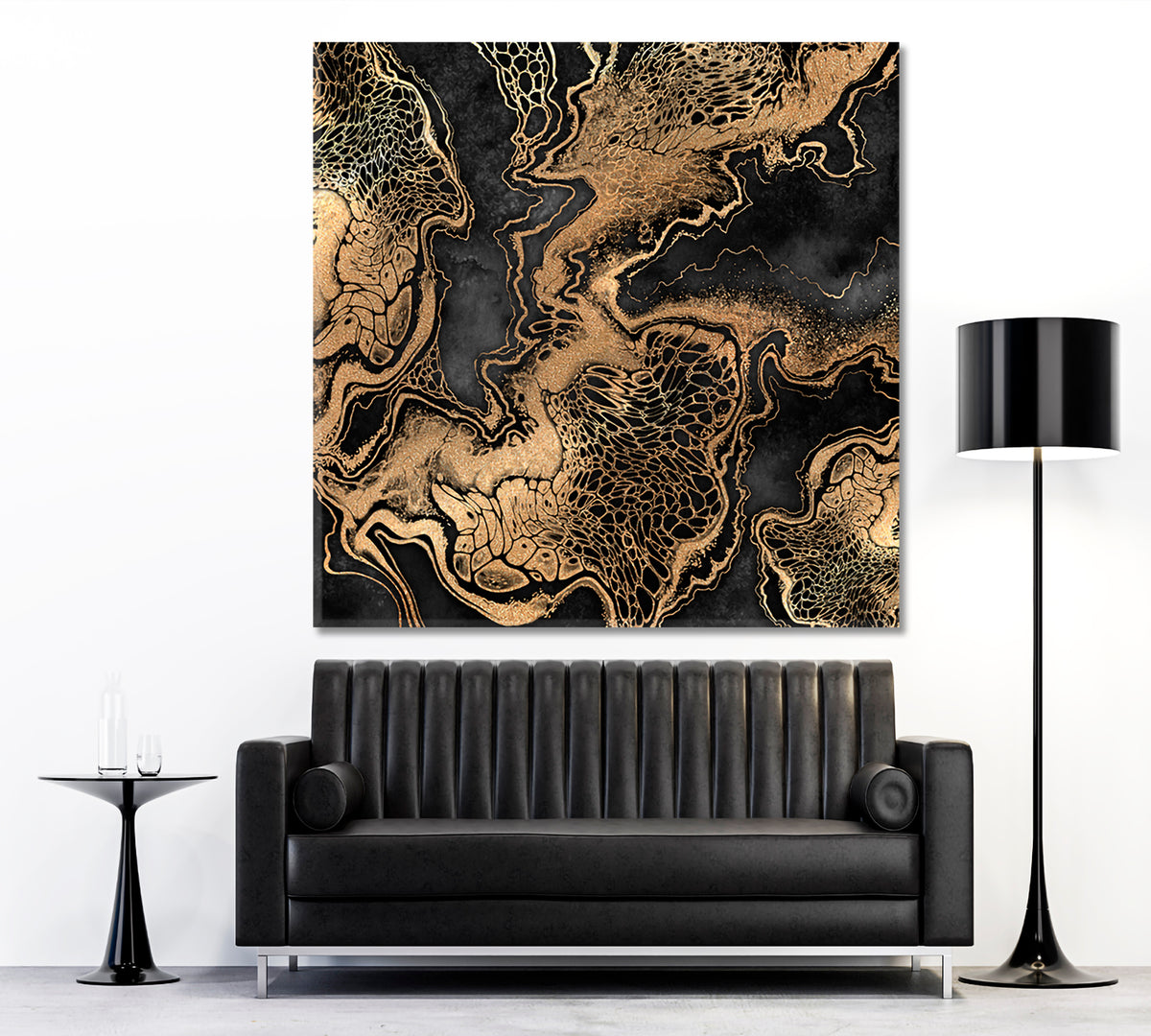 BLACK WITH GOLD EFFECT Marble Swirls Luxury Pattern Trendy Canvas Print - Square Abstract Art Print Artesty 1 Panel 12"x12" 