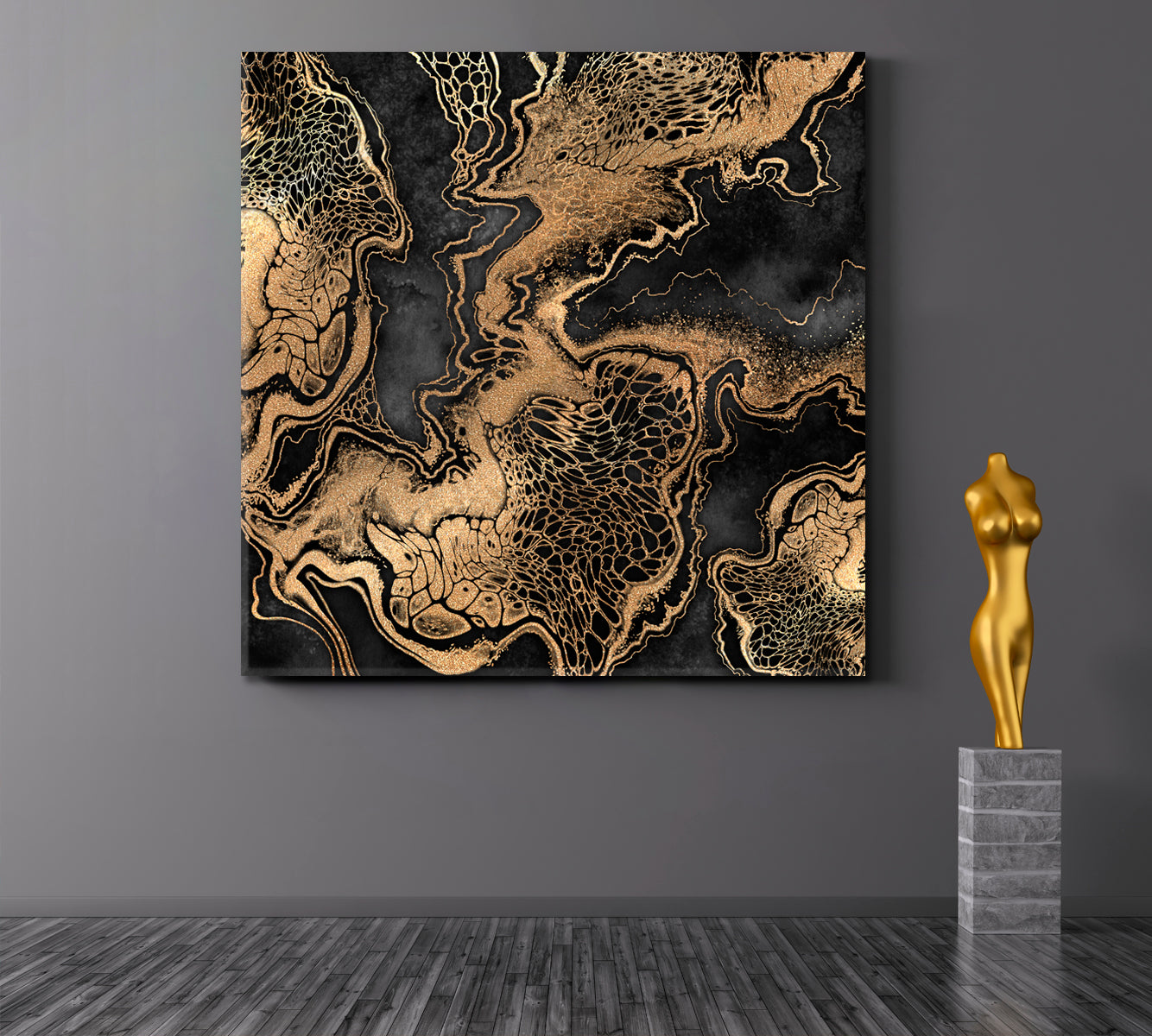 BLACK WITH GOLD EFFECT Marble Swirls Luxury Pattern Trendy Canvas Print - Square Abstract Art Print Artesty   