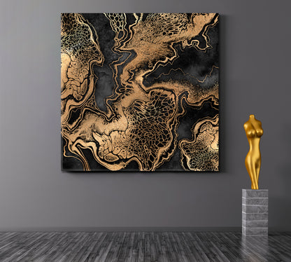 BLACK WITH GOLD EFFECT Marble Swirls Luxury Pattern Trendy Canvas Print - Square Abstract Art Print Artesty   