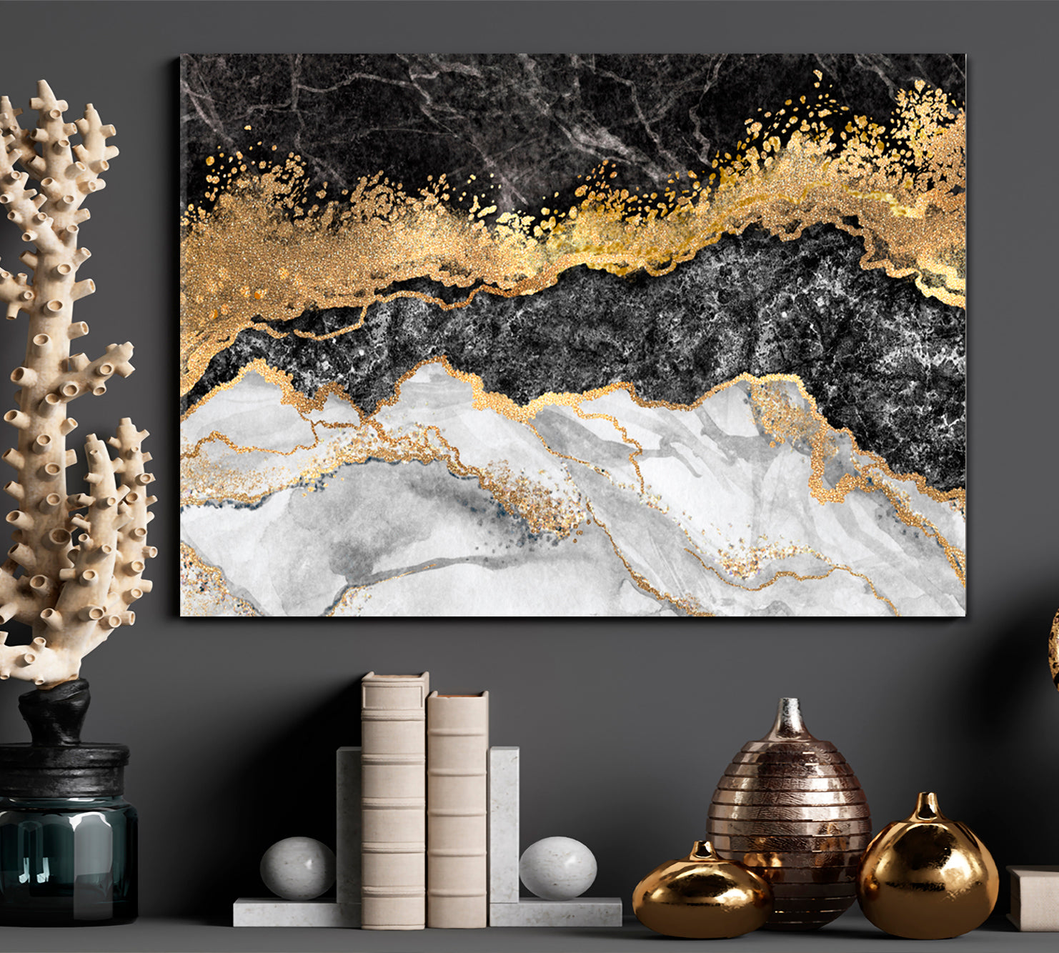 Marble Black White Gold Abstract Contemporary Decorative Marbling Pattern Giclée Print Fluid Art, Oriental Marbling Canvas Print Artesty   