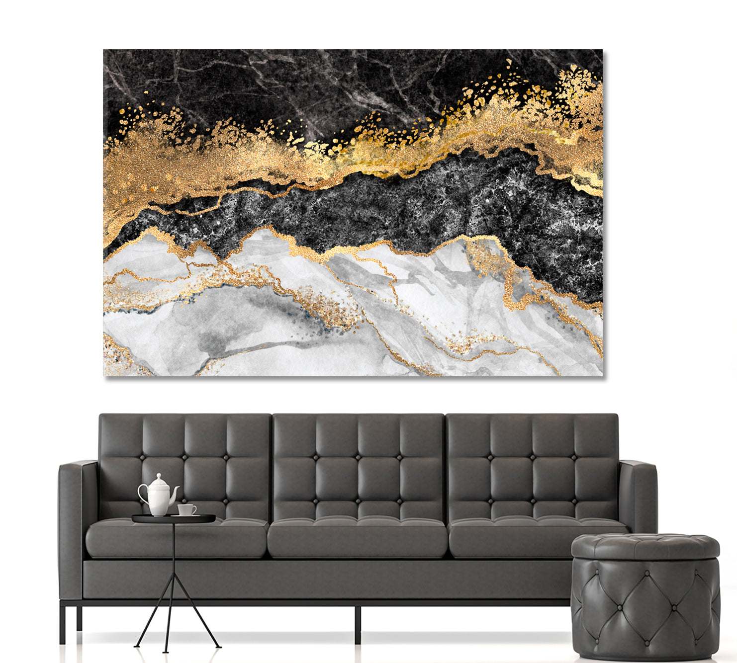 Marble Black White Gold Abstract Contemporary Decorative Marbling Pattern Giclée Print Fluid Art, Oriental Marbling Canvas Print Artesty   