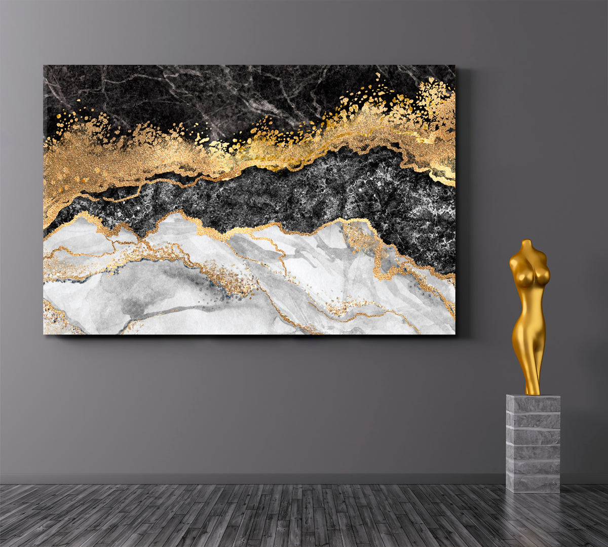 Marble Black White Gold Abstract Contemporary Decorative Marbling Pattern Giclée Print Fluid Art, Oriental Marbling Canvas Print Artesty 1 panel 24" x 16" 