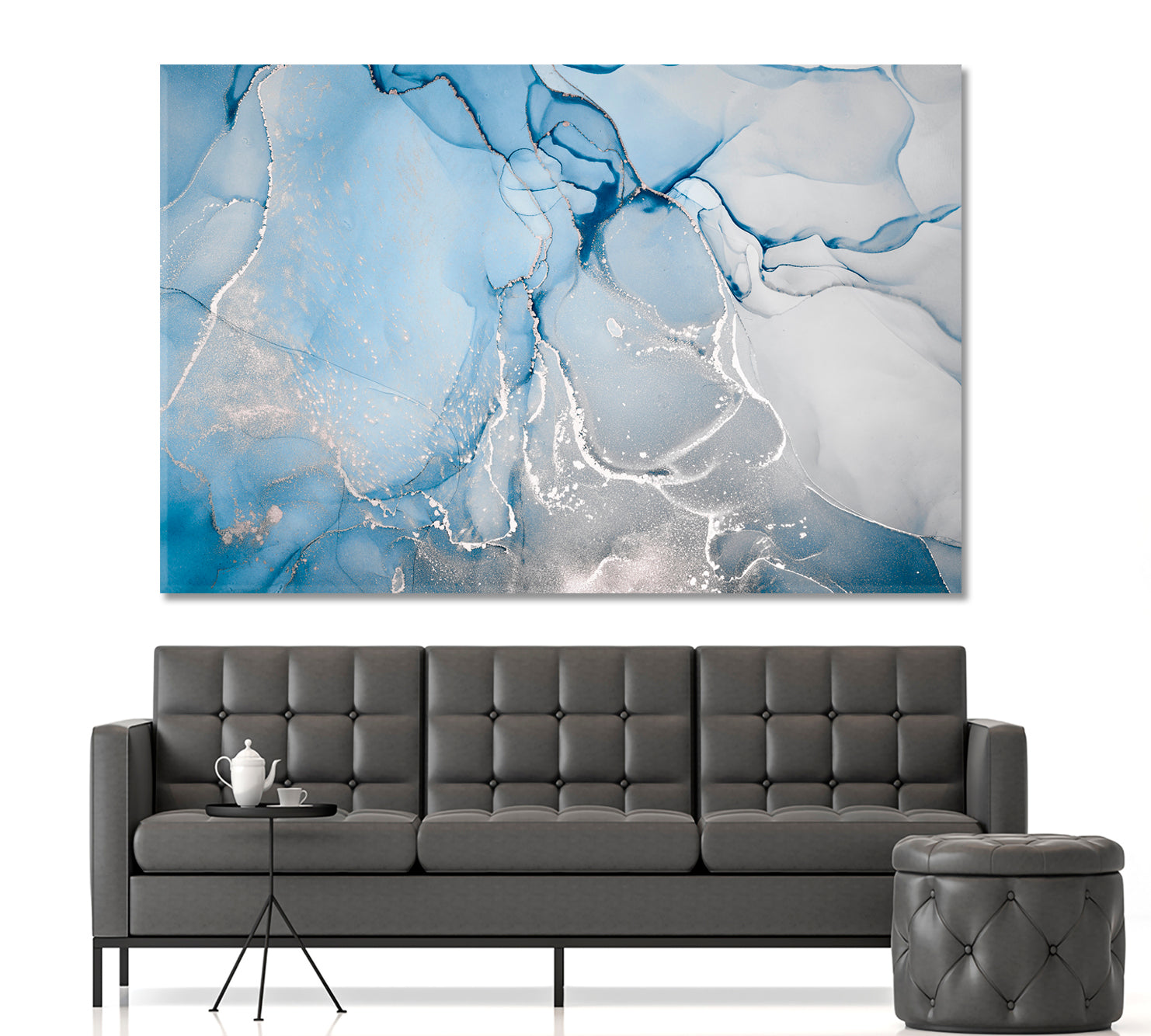 CLOUDS SILK Soft Blue Swirls Ink Colors Marble Veins Fluid Art, Oriental Marbling Canvas Print Artesty   