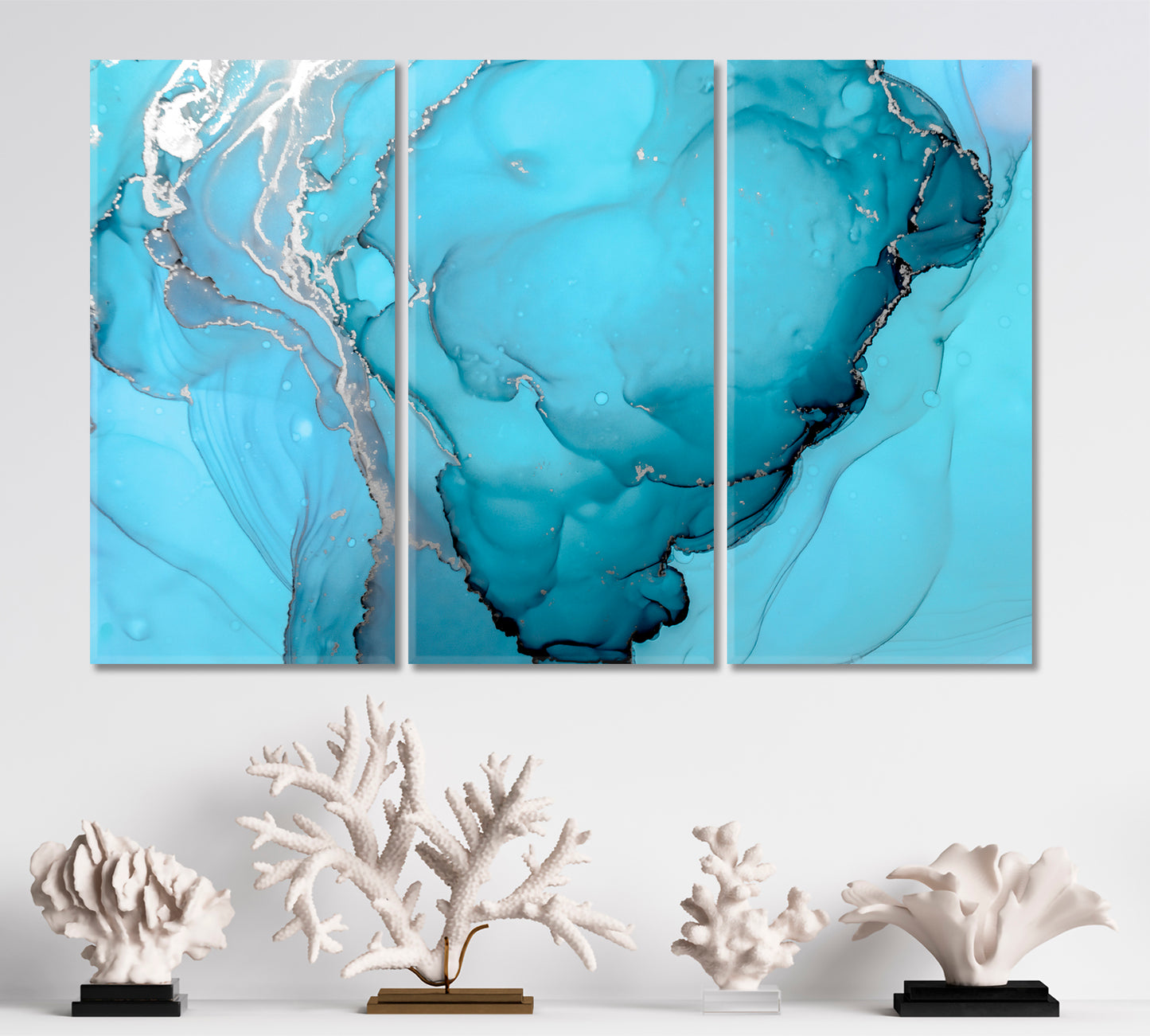 Turquoise Blue Marble Curly Swirls Trendy Fluid Art Fluid Art, Oriental Marbling Canvas Print Artesty 3 panels 36" x 24" 