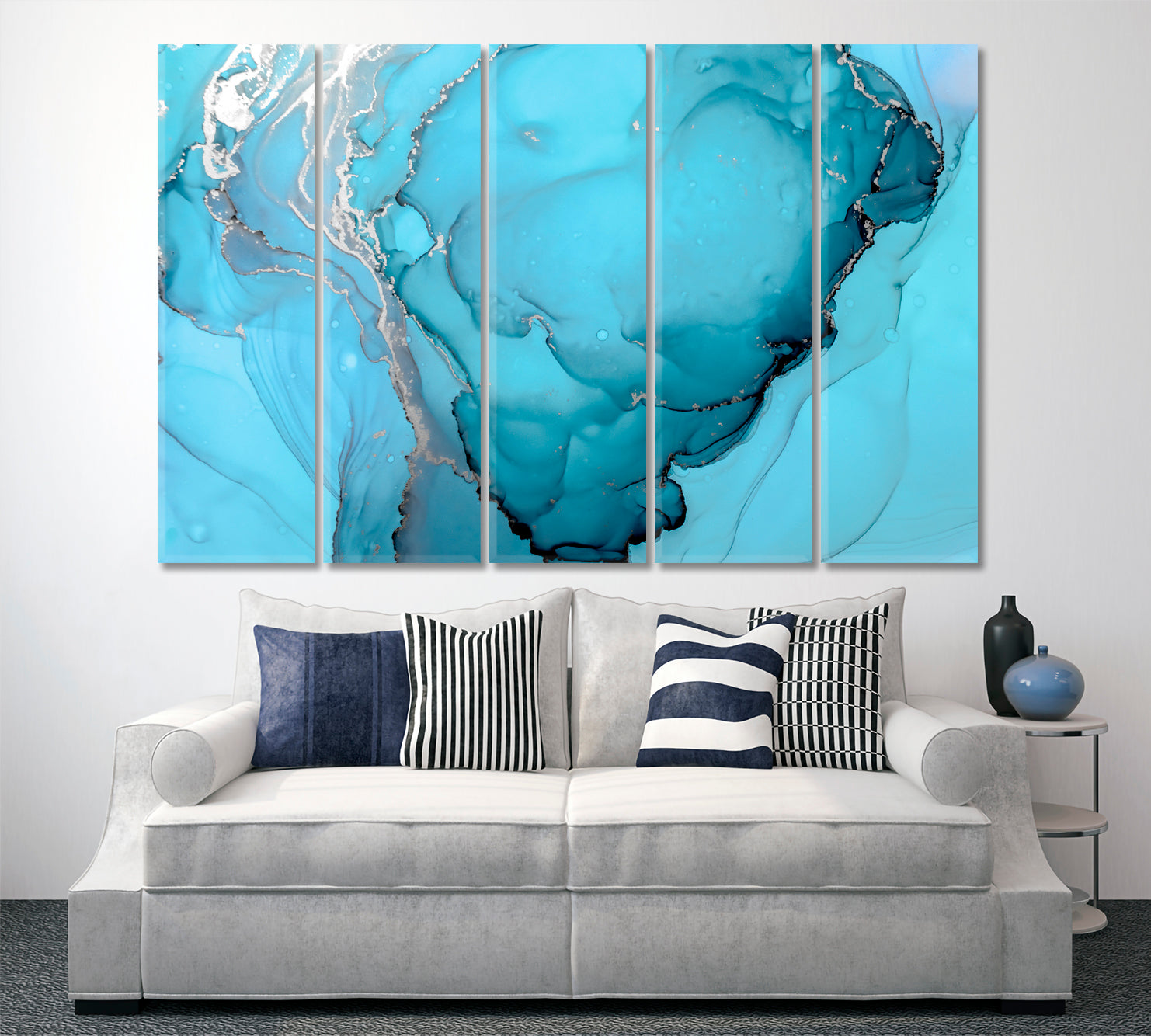 Turquoise Blue Marble Curly Swirls Trendy Fluid Art Fluid Art, Oriental Marbling Canvas Print Artesty 5 panels 36" x 24" 