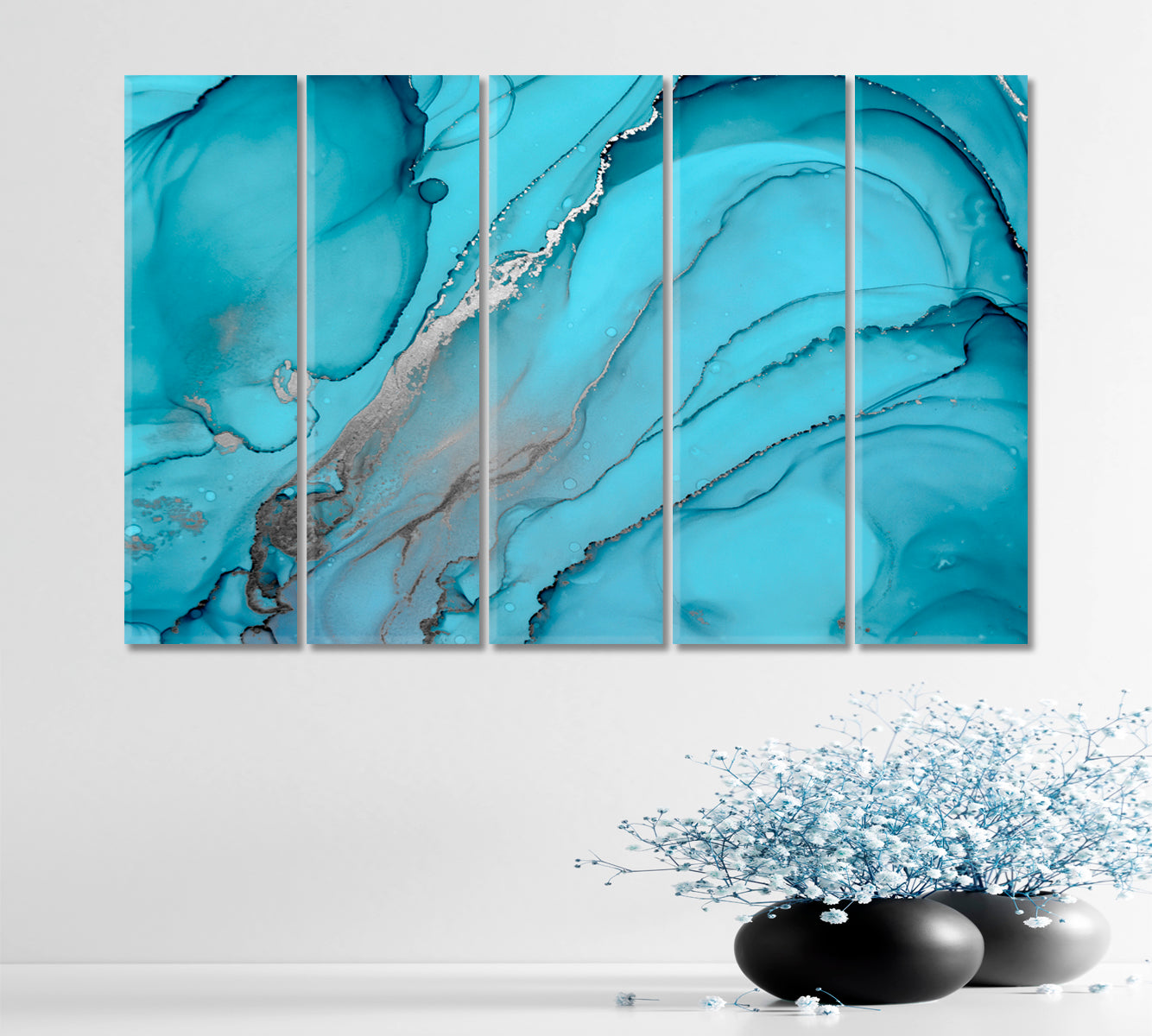 Abstract Watercolor Blue Turquoise Ocean Waves Trendy Marble Artwork Fluid Art, Oriental Marbling Canvas Print Artesty 5 panels 36" x 24" 