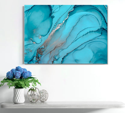 Abstract Watercolor Blue Turquoise Ocean Waves Trendy Marble Artwork Fluid Art, Oriental Marbling Canvas Print Artesty   