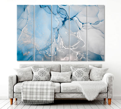 CLOUDS SILK Soft Blue Swirls Ink Colors Marble Veins Fluid Art, Oriental Marbling Canvas Print Artesty 5 panels 36" x 24" 