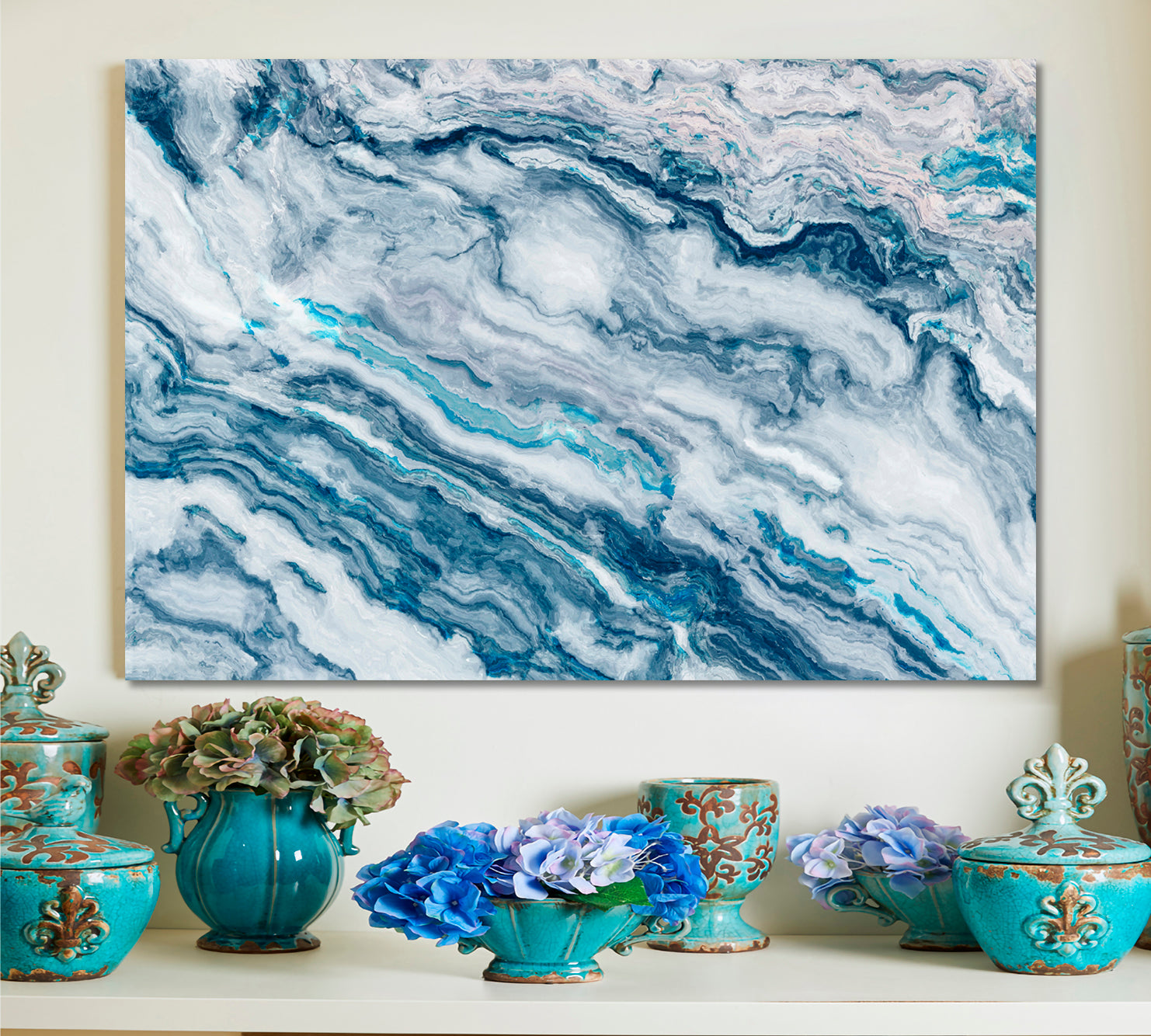 BLUE Marble Swirl Veins Fluid Art, Oriental Marbling Canvas Print Artesty   