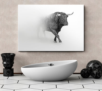 BULL IN THE MIST Wildlife Art Animal Grayscale Photo Poster Wild Life Framed Art Artesty 1 panel 24" x 16" 