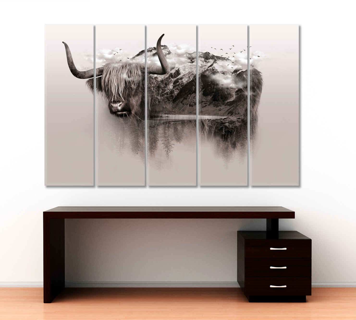 Bull Yak Wildlife Art Double Exposure Trees Mountain Surrounded By Fog Wild Life Framed Art Artesty   