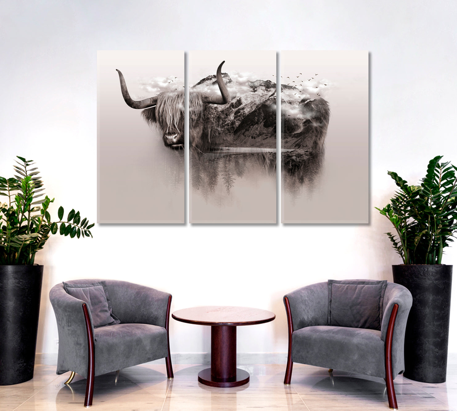 Bull Yak Wildlife Art Double Exposure Trees Mountain Surrounded By Fog Wild Life Framed Art Artesty 3 panels 36" x 24" 