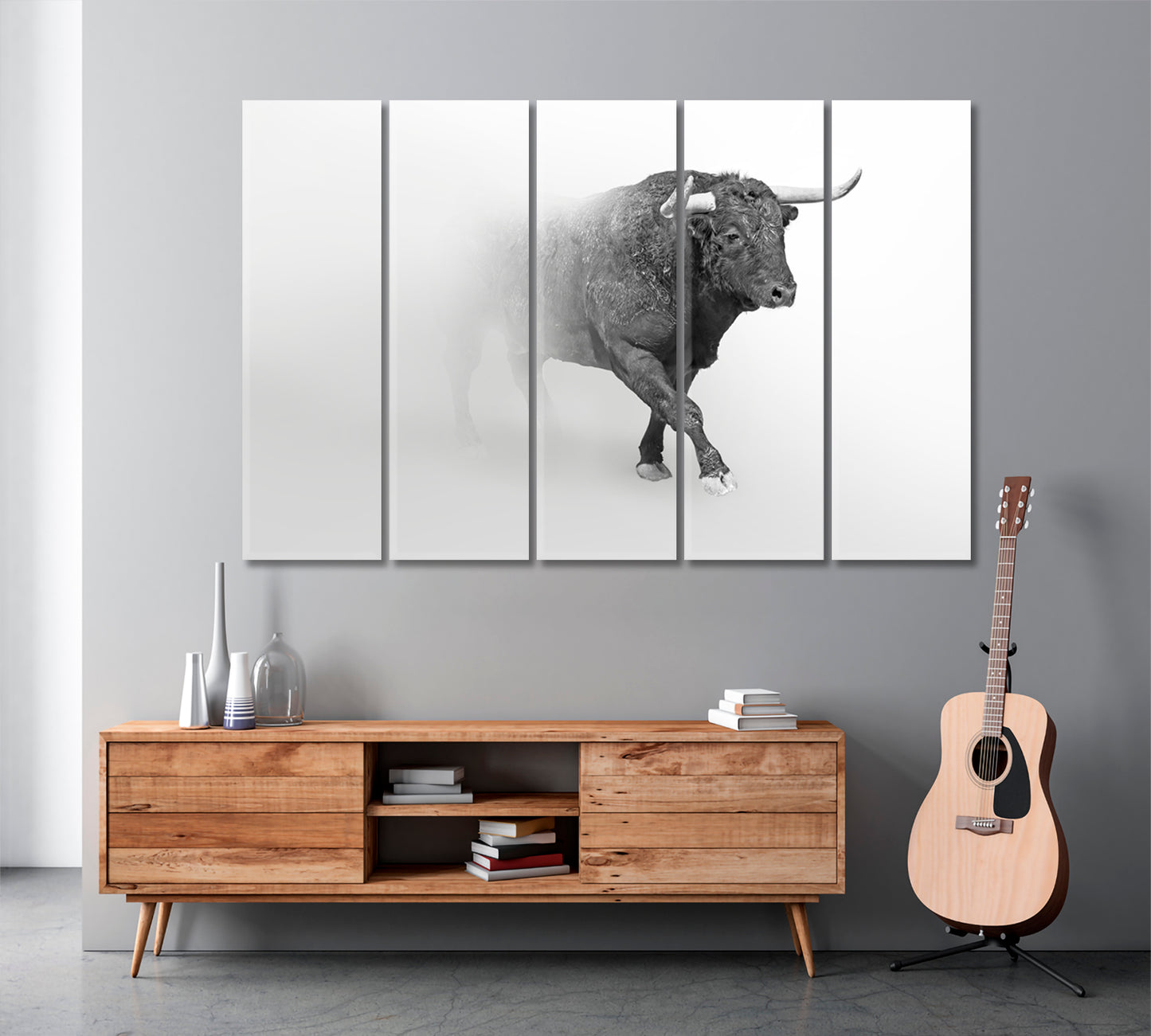 BULL IN THE MIST Wildlife Art Animal Grayscale Photo Poster Wild Life Framed Art Artesty 5 panels 36" x 24" 