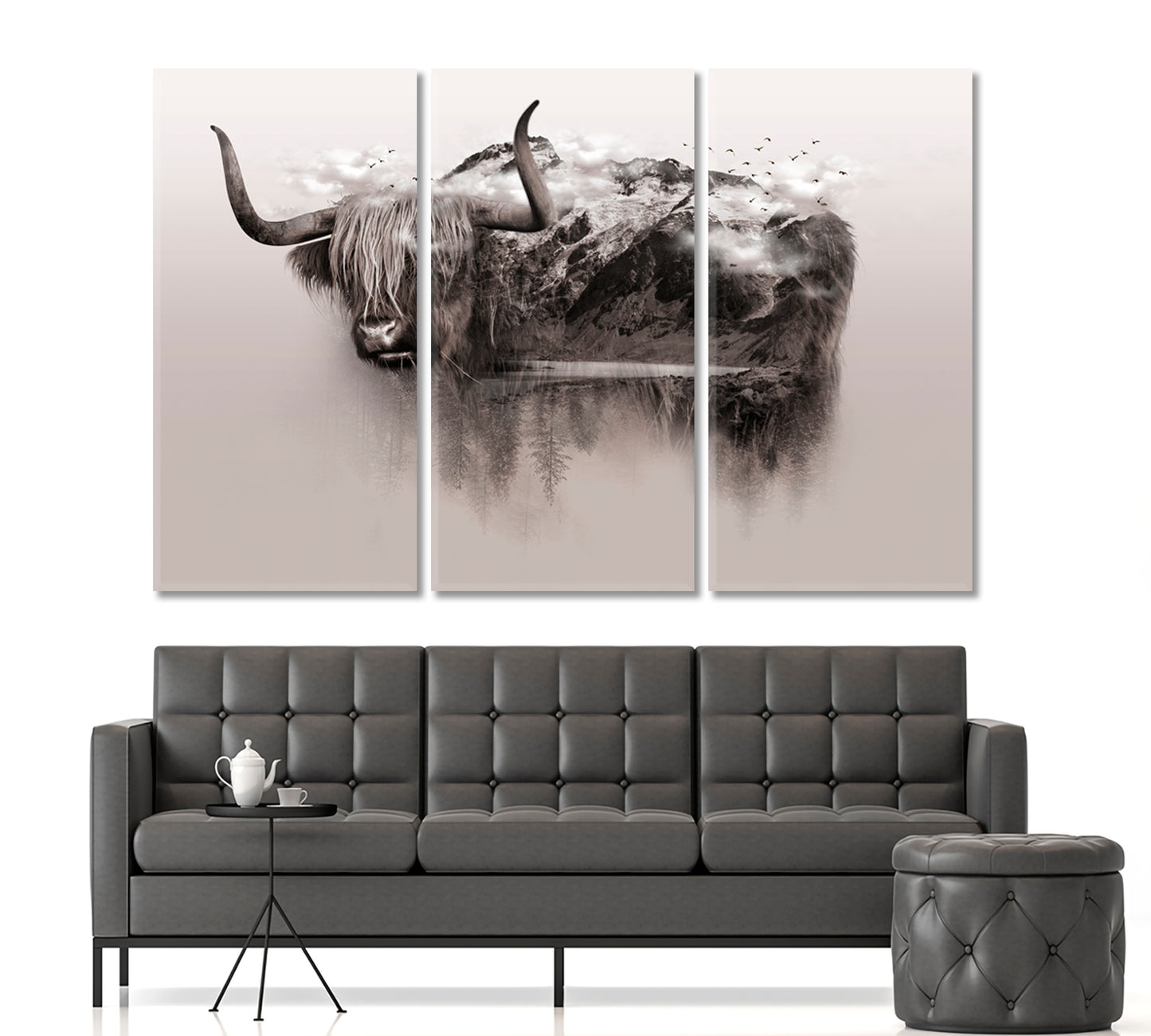 Bull Yak Wildlife Art Double Exposure Trees Mountain Surrounded By Fog Wild Life Framed Art Artesty   