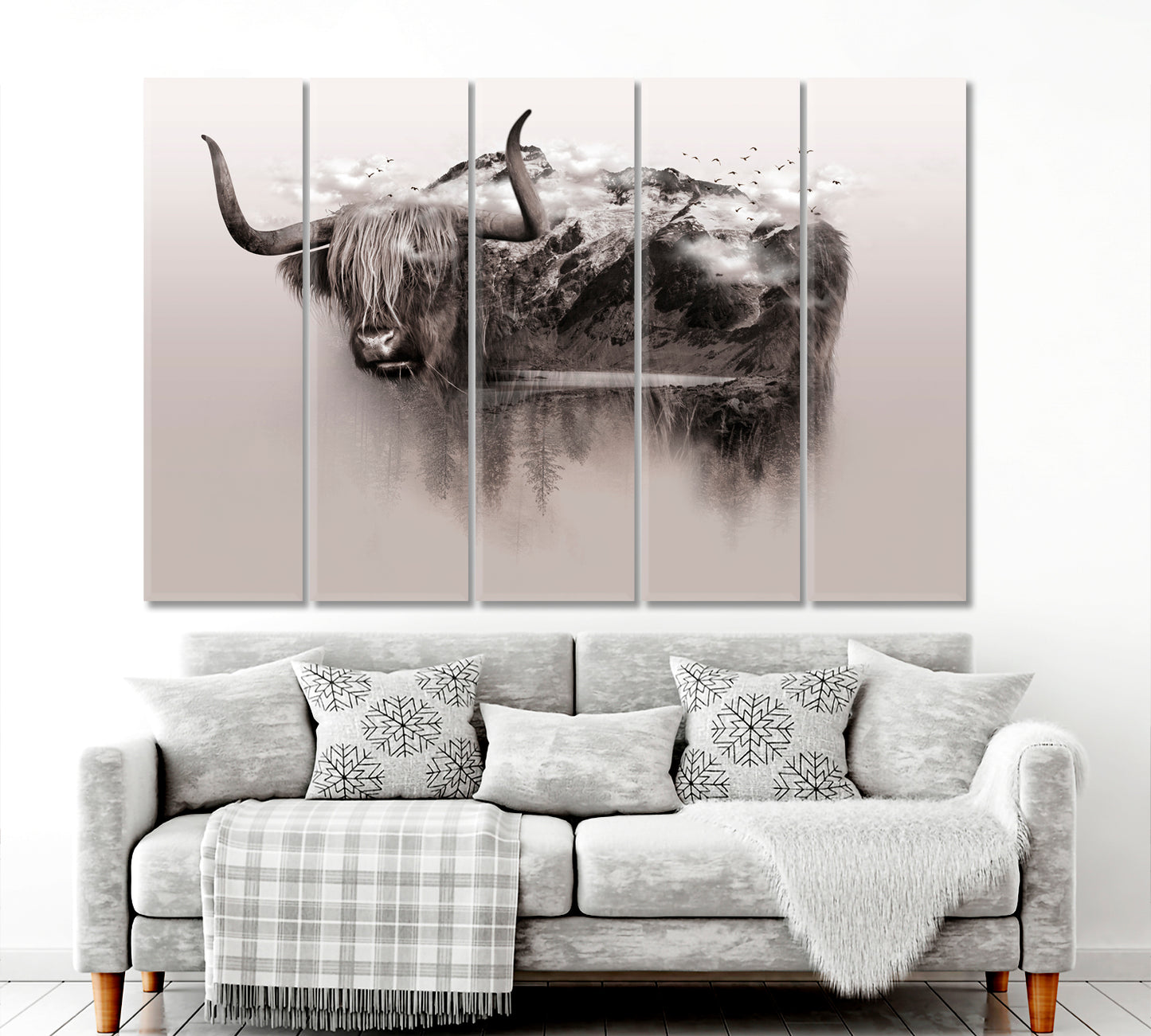 Bull Yak Wildlife Art Double Exposure Trees Mountain Surrounded By Fog Wild Life Framed Art Artesty 5 panels 36" x 24" 