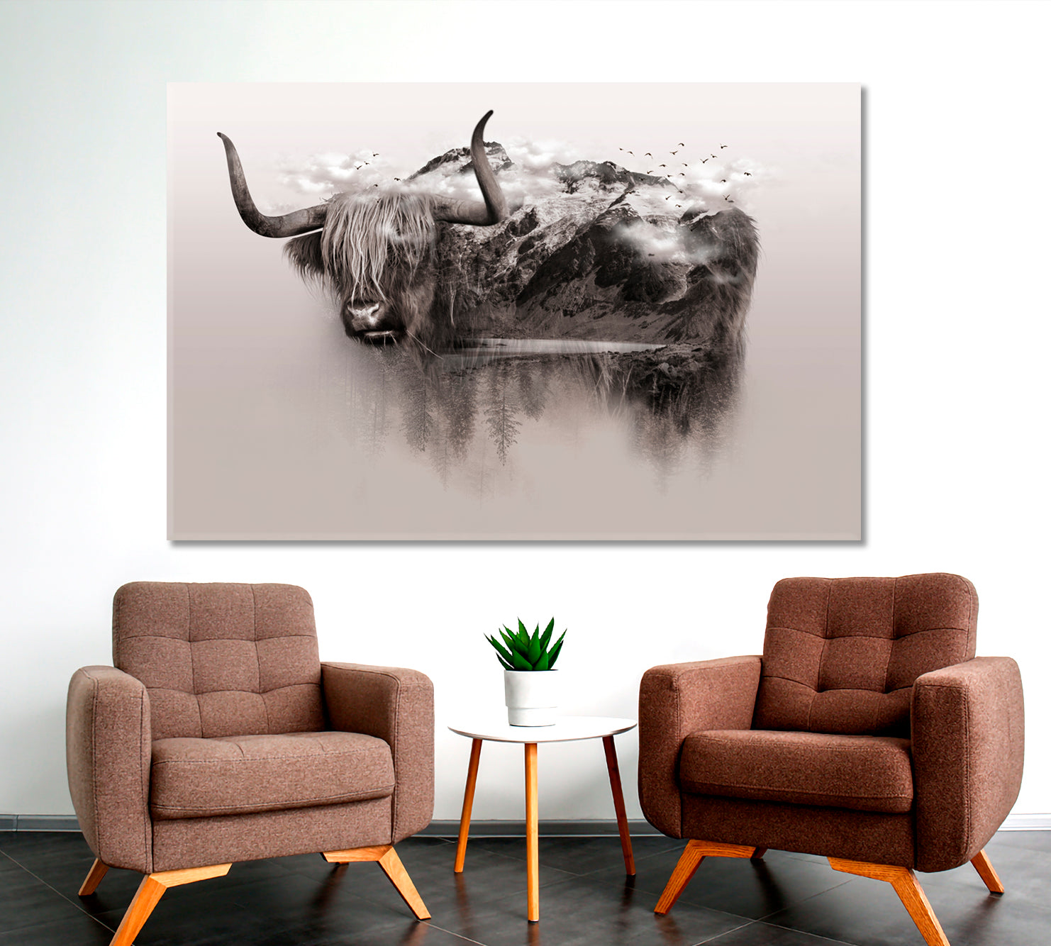 Bull Yak Wildlife Art Double Exposure Trees Mountain Surrounded By Fog Wild Life Framed Art Artesty   