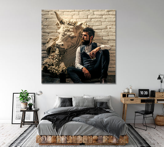 BOSS Bearded Man And Bull Office Wall Art Canvas Print Artesty 1 Panel 12"x12" 