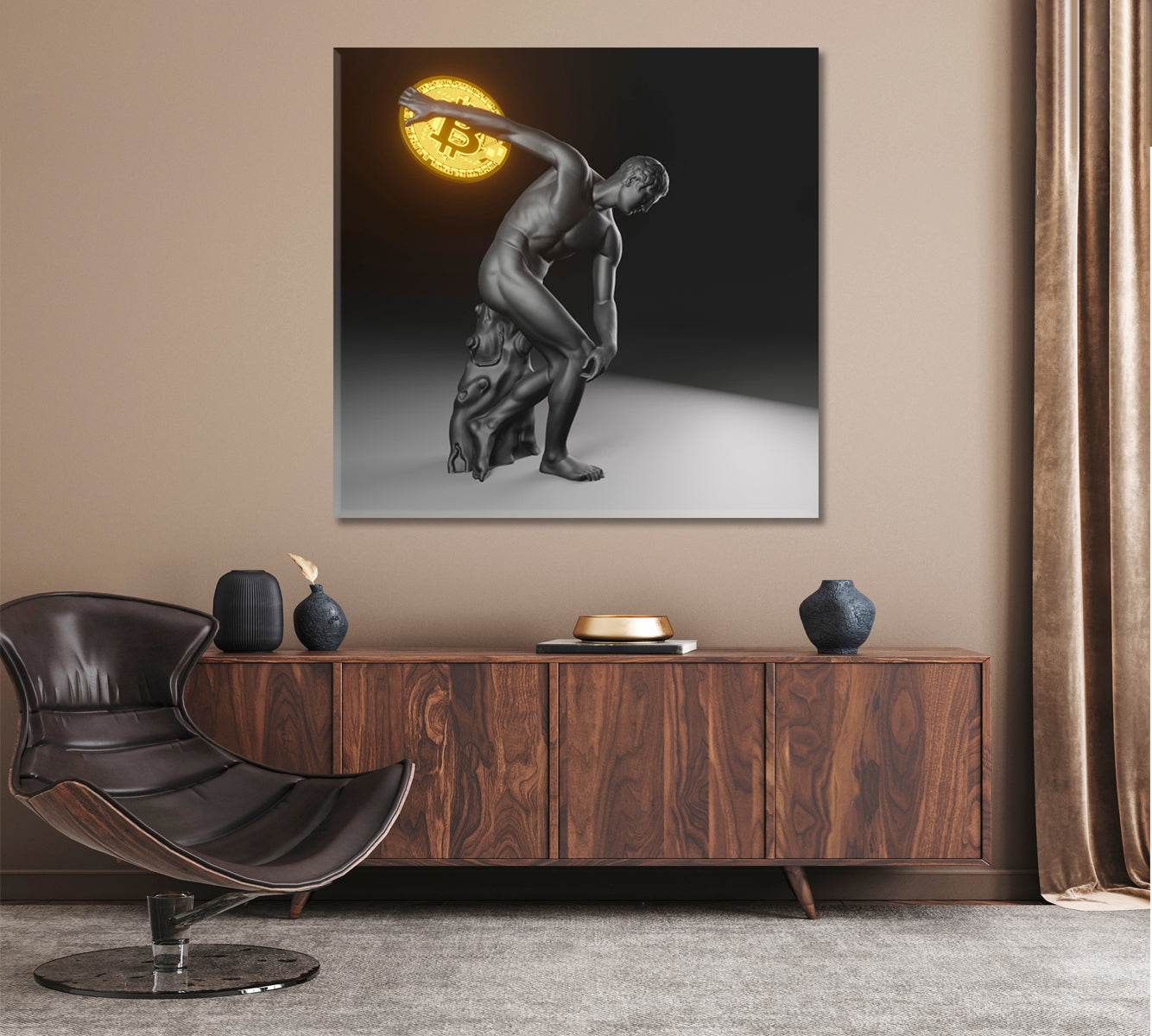 POWER OF BITCOIN Statue of Discobolus Myron Throws Bitcoin Poster Office Wall Art Canvas Print Artesty   