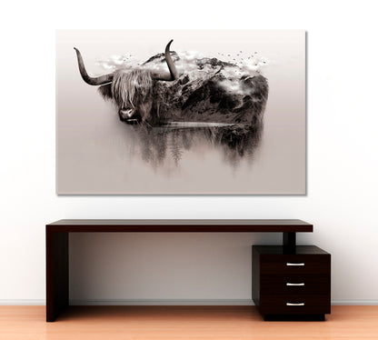 Bull Yak Wildlife Art Double Exposure Trees Mountain Surrounded By Fog Wild Life Framed Art Artesty   