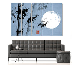 ETERNITY Sumi-e Hieroglyph Bamboo Moon Traditional Japanese Ink Canvas Print Blue Color Asian Style Canvas Print Wall Art Artesty 5 panels 36" x 24" 