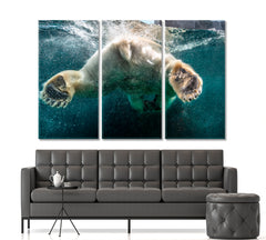 BUBBLES Polar Bear Big Paws Swimming Undersea Wild Life Framed Art Artesty 3 panels 36" x 24" 