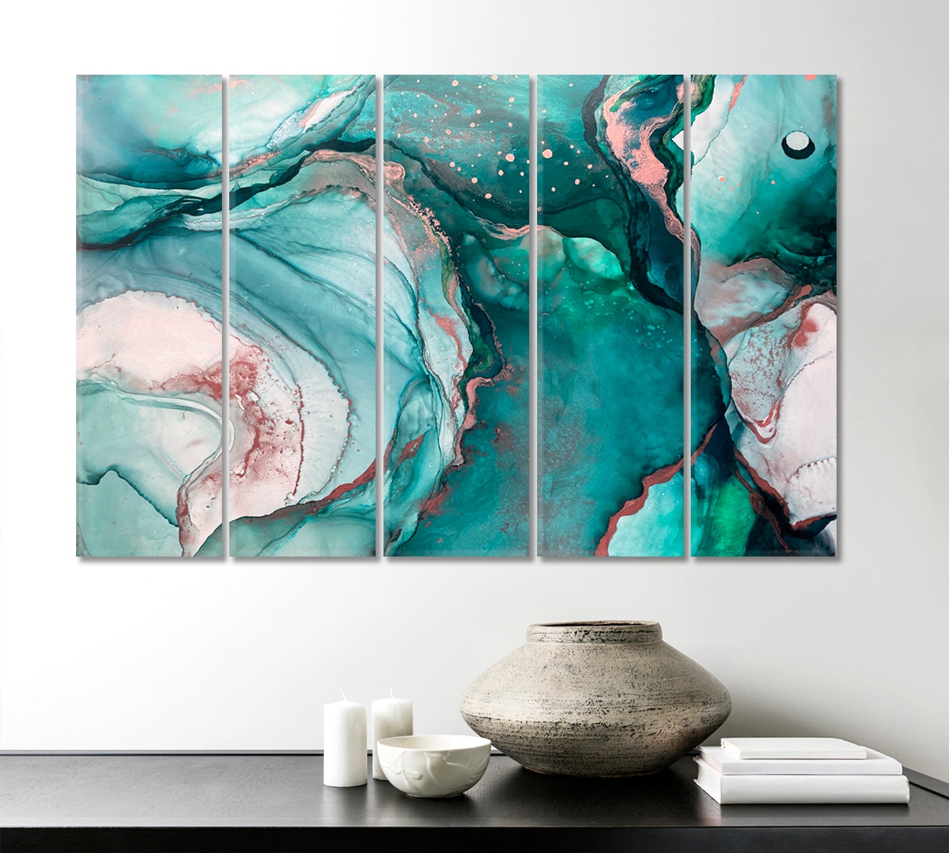 AZURE SEA WAVES Emerald Fluid Flowing Ink Marble Veins Oriental Art Fluid Art, Oriental Marbling Canvas Print Artesty 5 panels 36" x 24" 