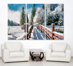 Snow Covered Christmas Trees Forest Bridge Panorama Scenery Landcape Artesty 3 panels 36" x 24" 