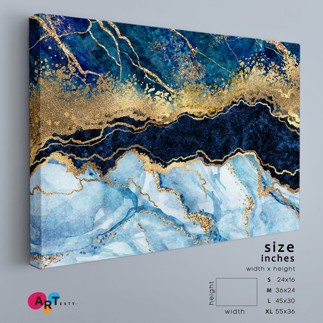MARBLE STONE RIPPLES Blue Gold Effect Marble Liquid Paint Abstract Trendy Modern Canvas Print Fluid Art, Oriental Marbling Canvas Print Artesty 1 panel 24" x 16" 