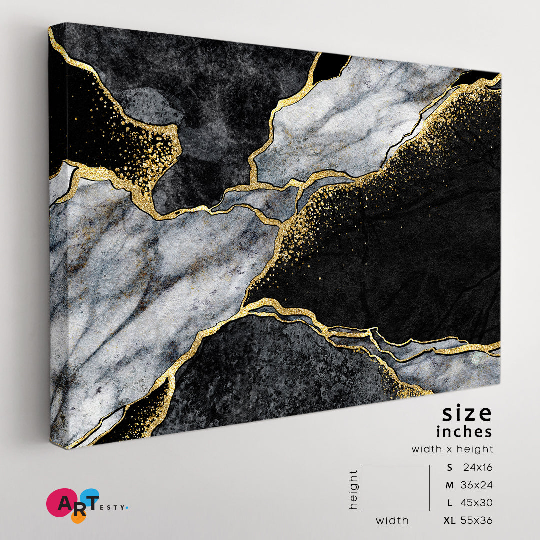 GRAY Marble Granite Gold Veins Abstract Giclée Print Fluid Art, Oriental Marbling Canvas Print Artesty 1 panel 24" x 16" 