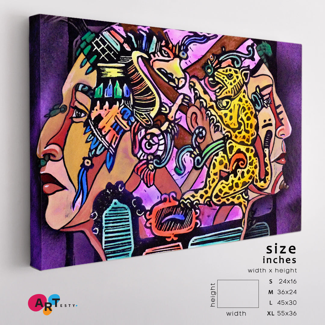AZTEC Fantasy Warrior Picasso Motives Cubism Contemporary Art Artesty 1 panel 24" x 16" 