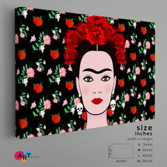 FRIDA KAHLO Portrait  Young Beautiful Mexican Woman Traditional Hairstyle Mexican Earrings Skulls Floral Background People Portrait Wall Hangings Artesty   