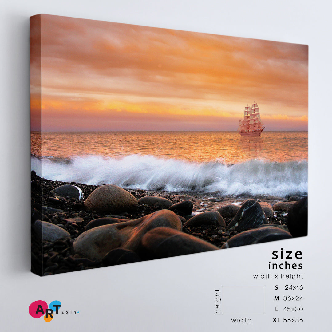 SCARLET SAILS Alone Ship Sea Waves Rocks Sky Beautiful Landscape Canvas Print Scenery Landscape Fine Art Print Artesty 1 panel 24" x 16" 