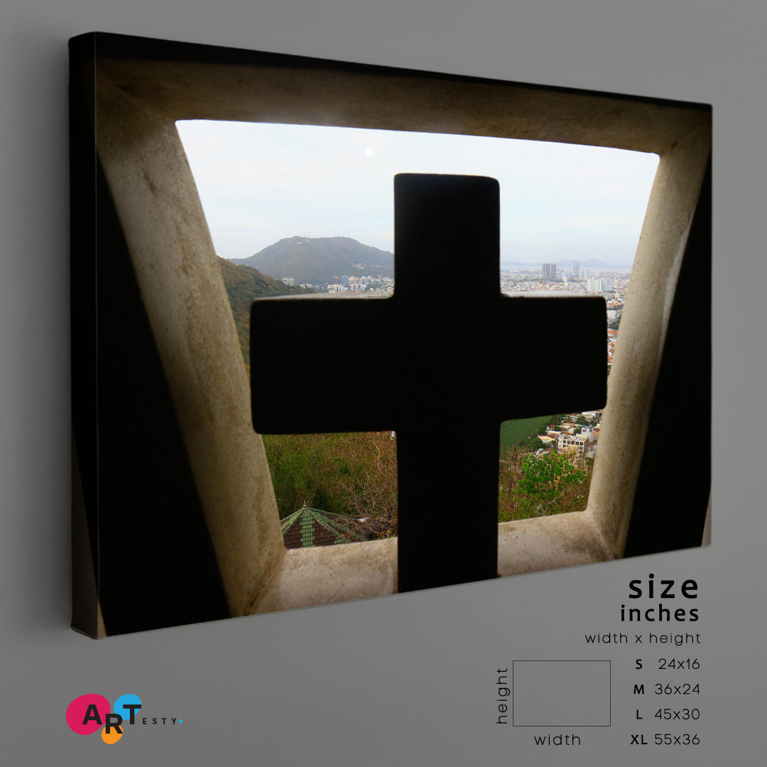 CHRIST Panoramic View Window and Cross Shape Religious Modern Art Artesty 1 panel 24" x 16" 