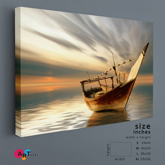 Lonely Boat Middle of the Sea Breathtaking Artistic Landscape Marine Life Canvas Print Scenery Landscape Fine Art Print Artesty   